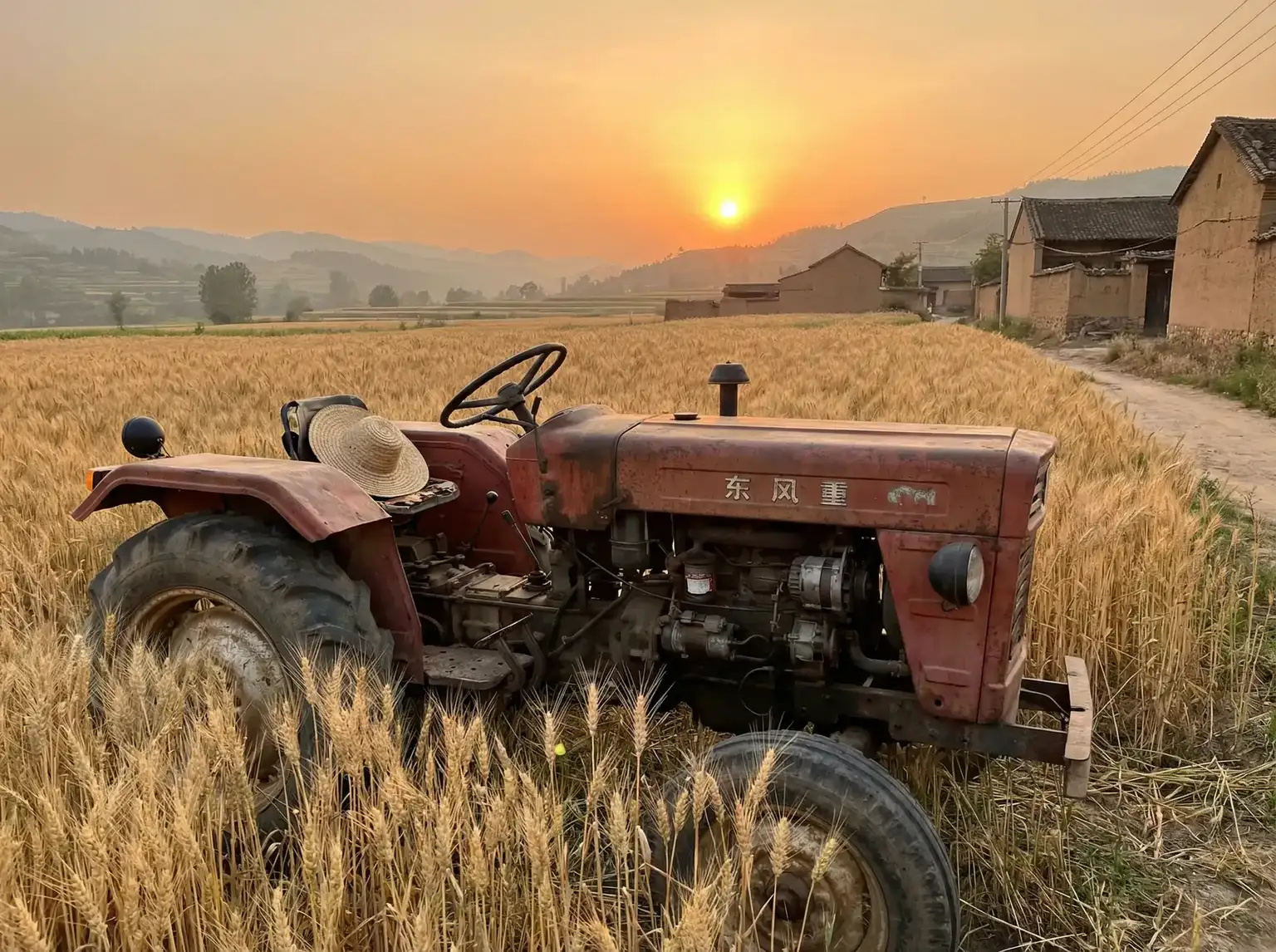 夕阳下的老式拖拉机停在麦田边 - 成都黑帽门全集视频 田间记忆